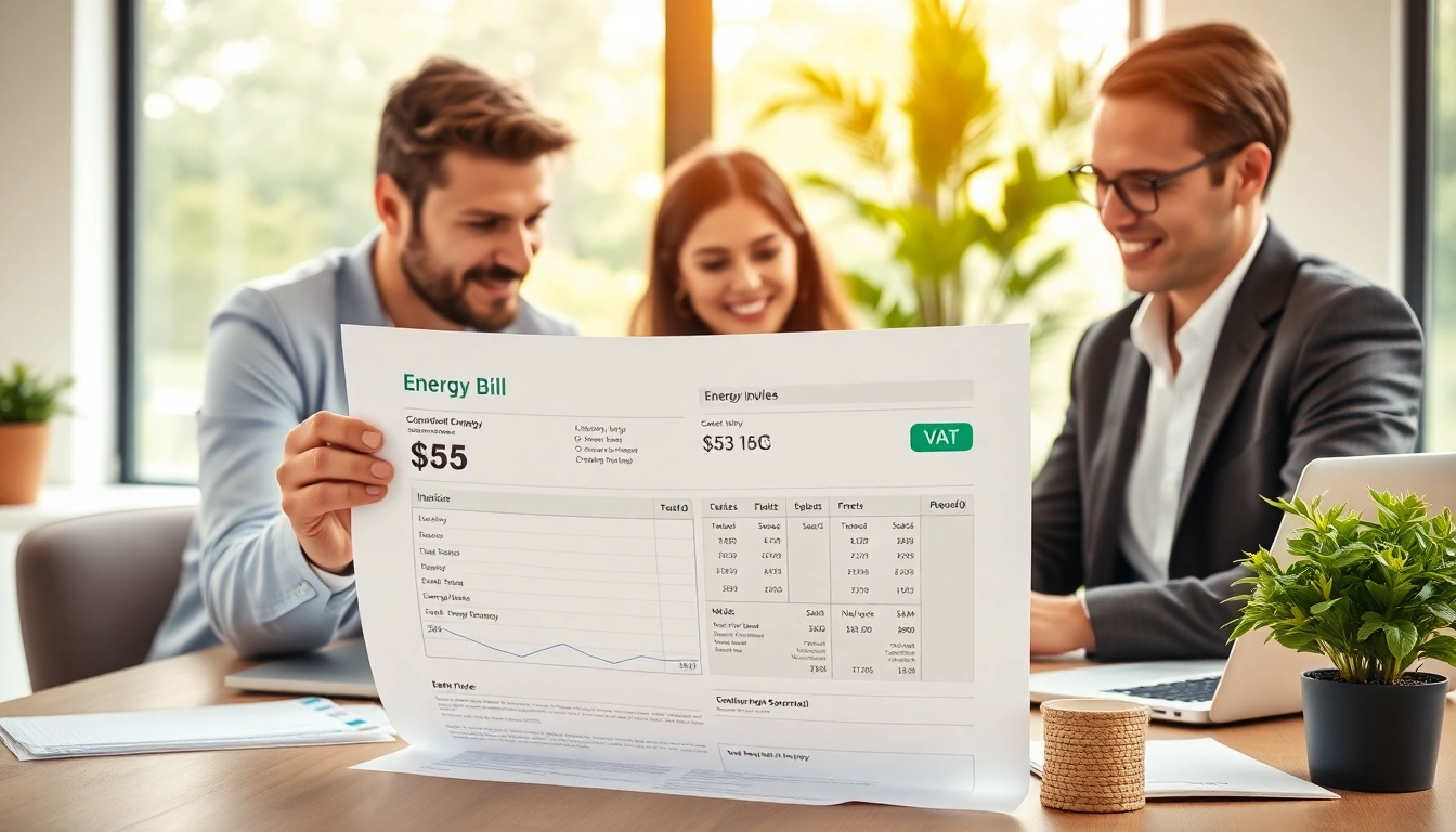 Reviewing a business electricity vat rate invoice in a professional environment.