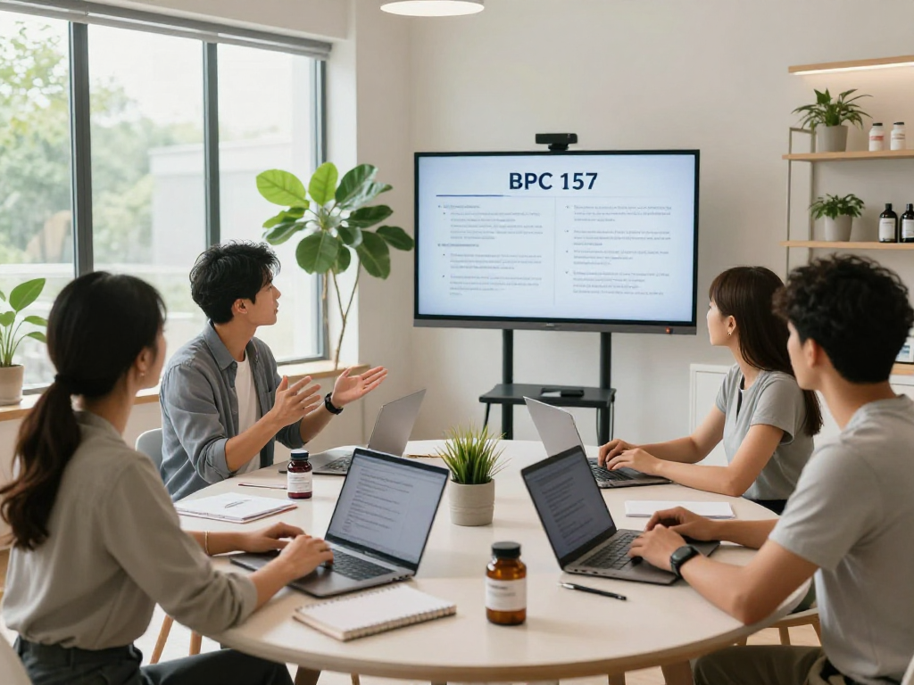 BPC 157 benefits discussed in a collaborative wellness studio environment with professionals sharing insights and visual aids
