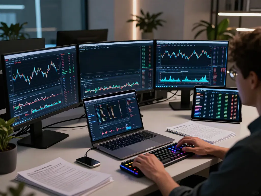 Professional trading workspace with real-time 美股API data and cryptocurrency analytics on multiple screens.