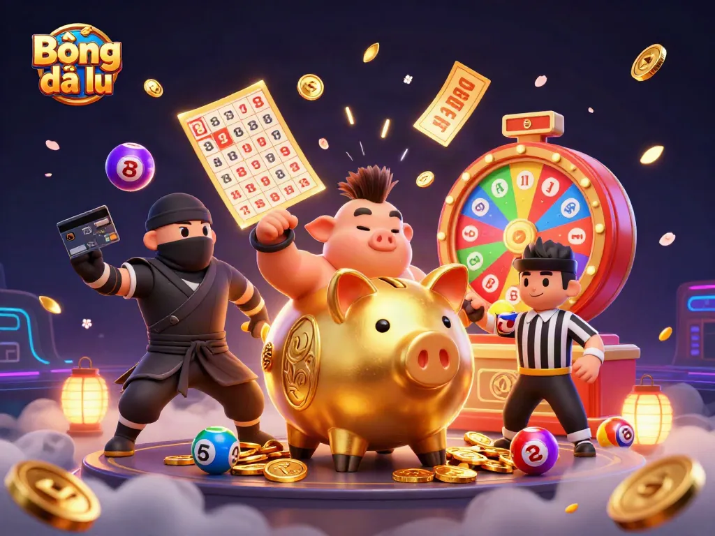 Bóng đá lu captures the excitement of betting with a dynamic illustration of golden piggy bank in action.
