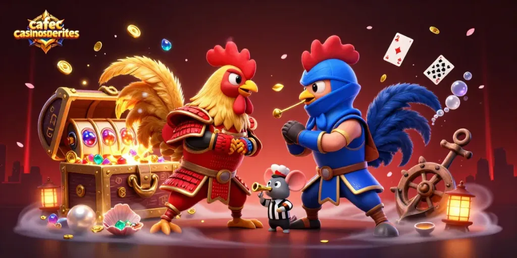 Engage with cafecasinosistersites as fighting roosters battle amidst dynamic slots and coins in an exciting casino scene.