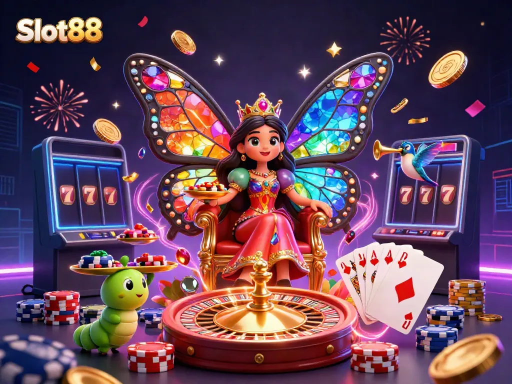 Experience thrilling Slot88 excitement with a vibrant illustration featuring royal flush cards and golden casino chips.