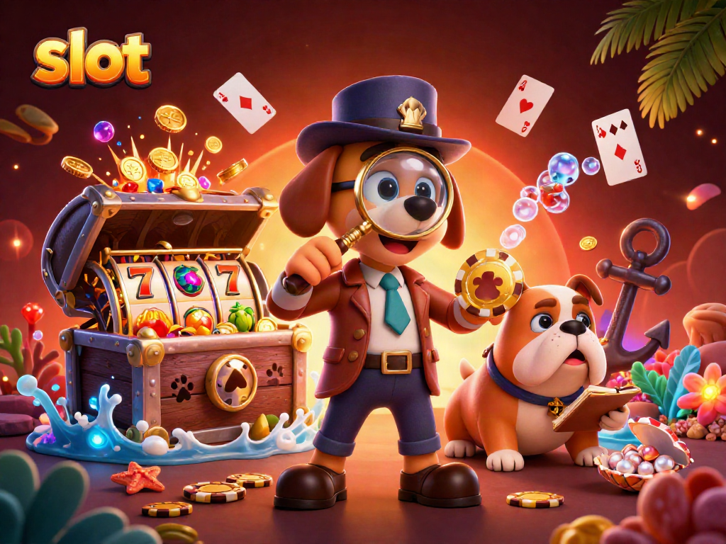 Spin the slot reels with a cartoon detective uncovering treasures in this vibrant casino scene.