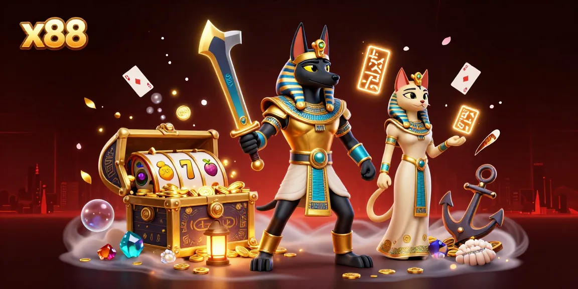 x88 spins winning slot reels with Anubis and Bastet in an enchanting casino scene