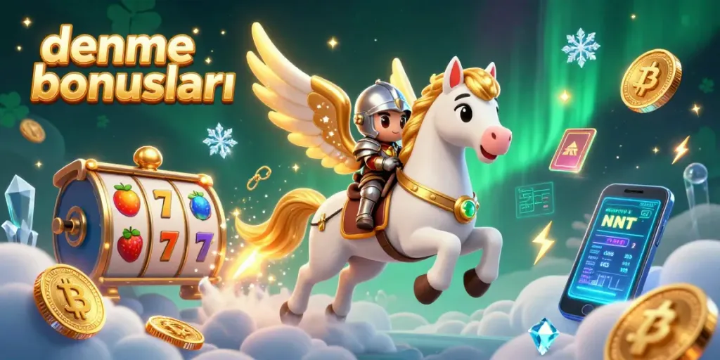 Experience deneme bonusları with an enchanting scene of a celestial horse and knight amidst vibrant casino elements.
