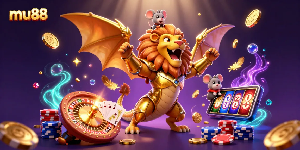 Experience exciting wins at mu88 with a dynamic casino scene featuring a chimera and mouse jockey.