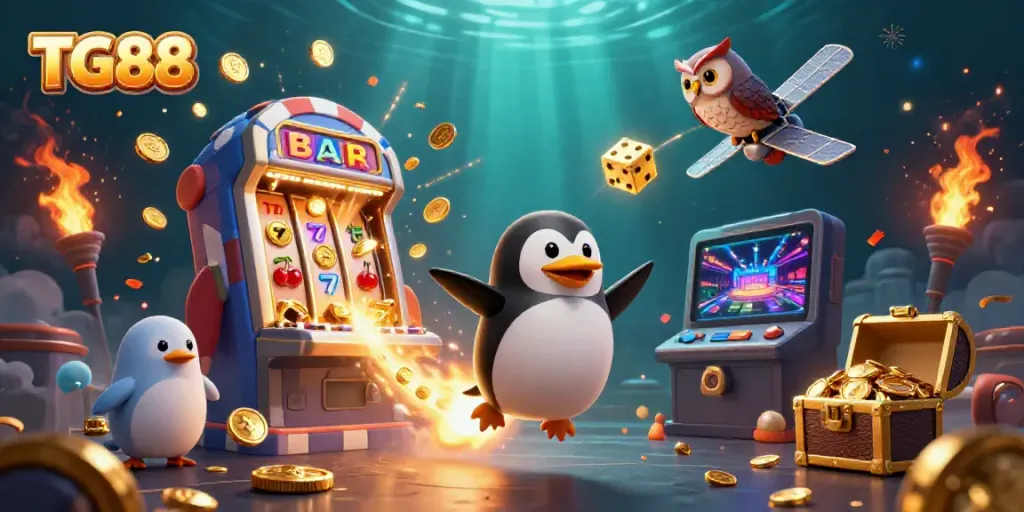 TG88 offers a unique 3D experience with cartoon penguin and casino elements bursting with excitement.