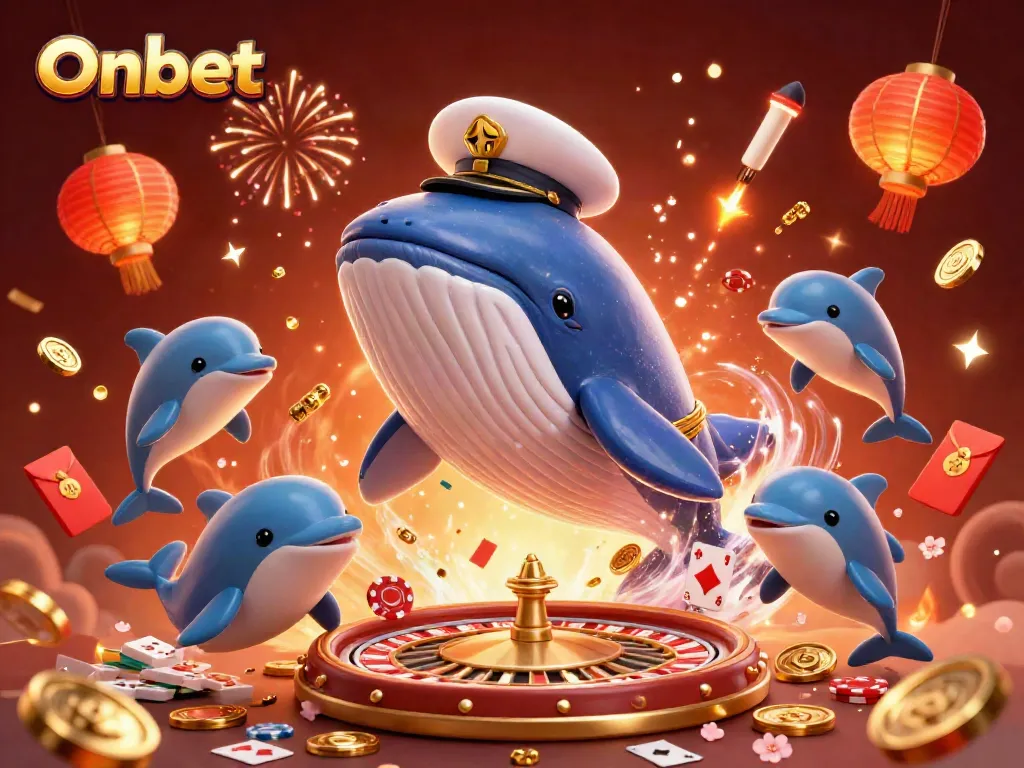 Onbet brings excitement with cartoon whale and narwhal celebrating among poker and roulette elements.