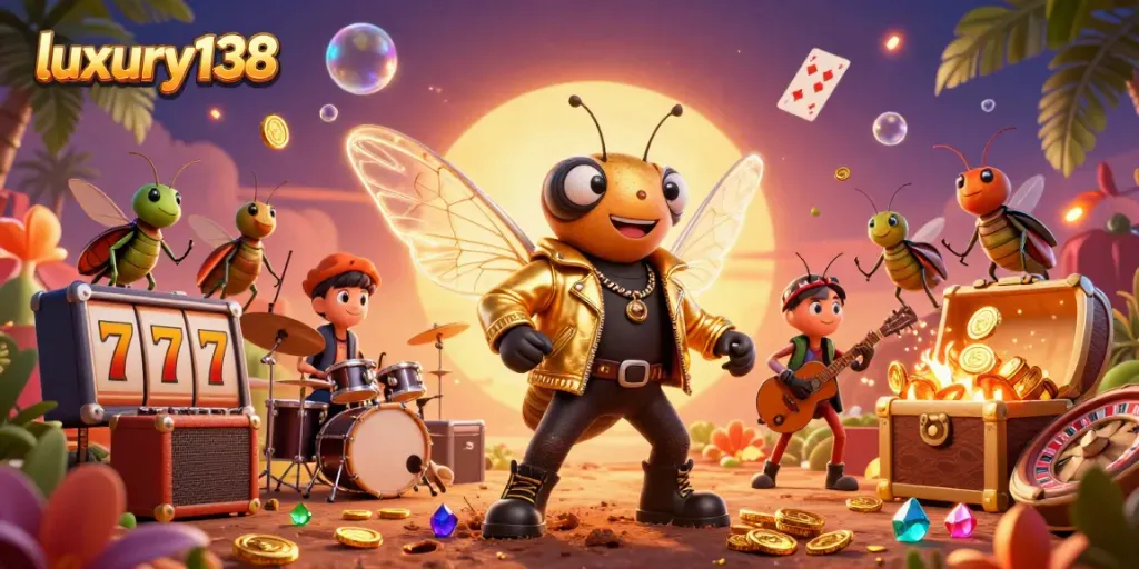 Watch luxury138's exciting action with cartoon star characters in a vibrant casino scene.