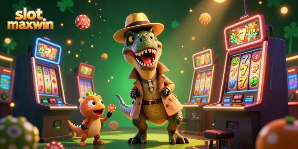 Experience the excitement of slot maxwin with characters at a jackpot machine, surrounded by gold coins and sparkling visuals.