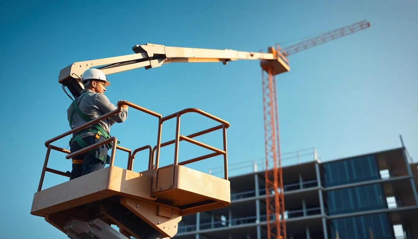 Manlift operating on a construction site with a worker inspecting height controls.