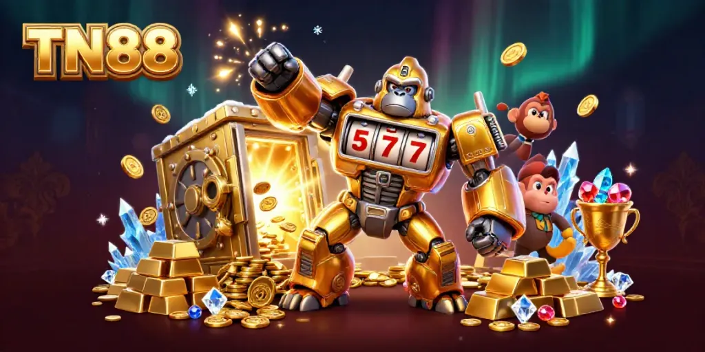 Engage in thrilling slots action at TN88, where the golden gorilla mech symbolizes explosive winnings.