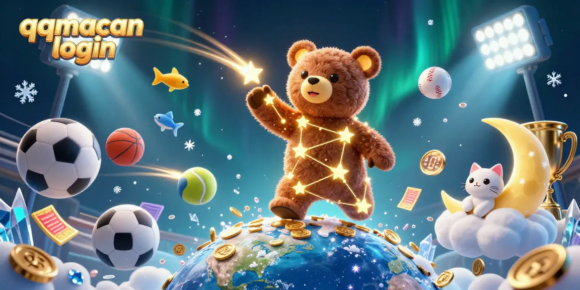 Engage with the qqmacan login scene featuring a constellation bear, sports elements, and vibrant cosmic effects.