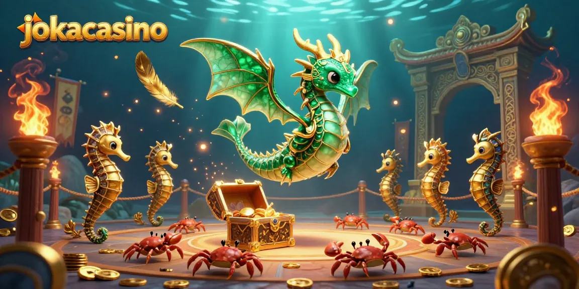 Experience the thrill of jokacasino with vibrant casino elements and a sea dragon illustration.