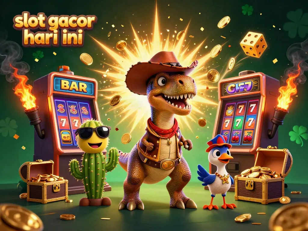 Engage in thrilling action at slot gacor hari ini with a vibrant dynamic illustration of a T-Rex cowboy and friends.