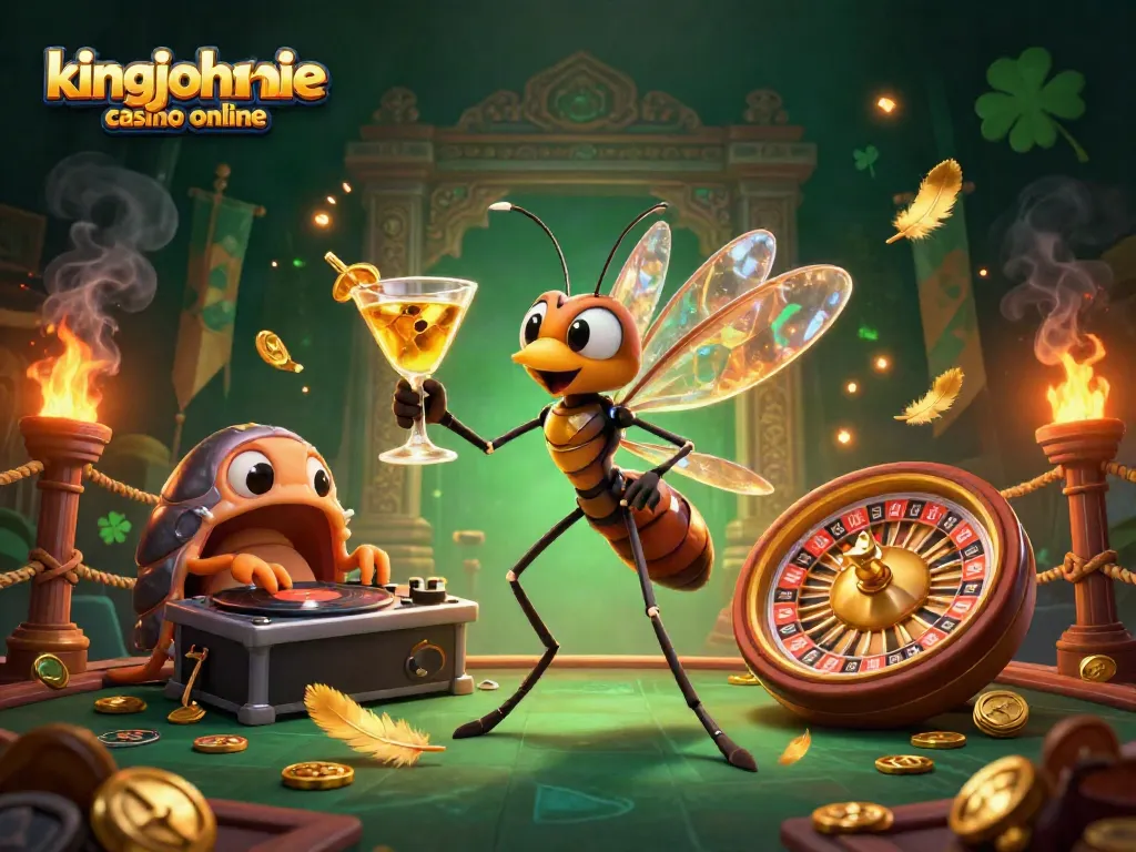 Engage in the thrilling action of kingjohnnie casino online, featuring a vibrant scene with characters and casino elements.