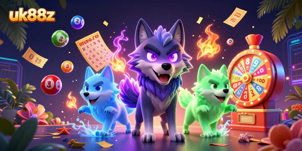 Engaging uk88z lottery scene with animated wolf characters and dynamic prize elements.