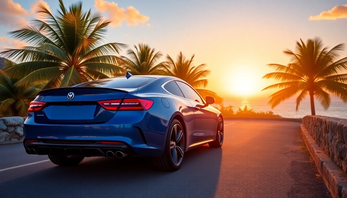 Experience car rental st barth with a scenic view of a rental car on a tropical road.