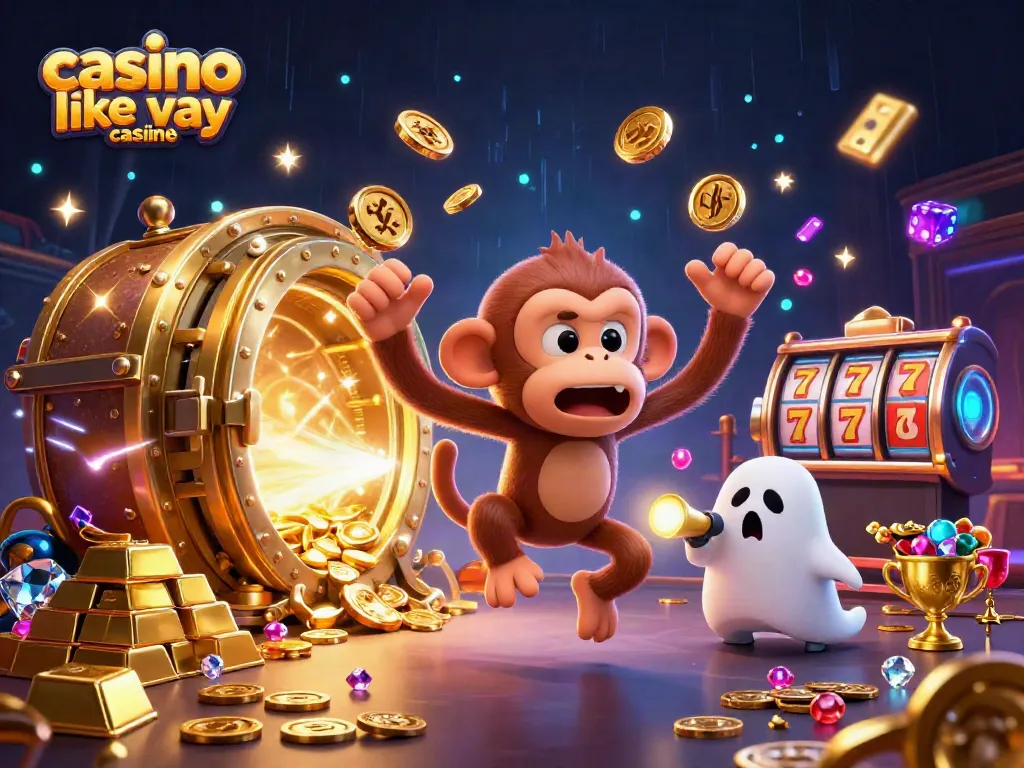 A dynamic scene of a mischievous monkey juggling at a casino like yay casino, surrounded by golden treasures and vibrant gaming elements.