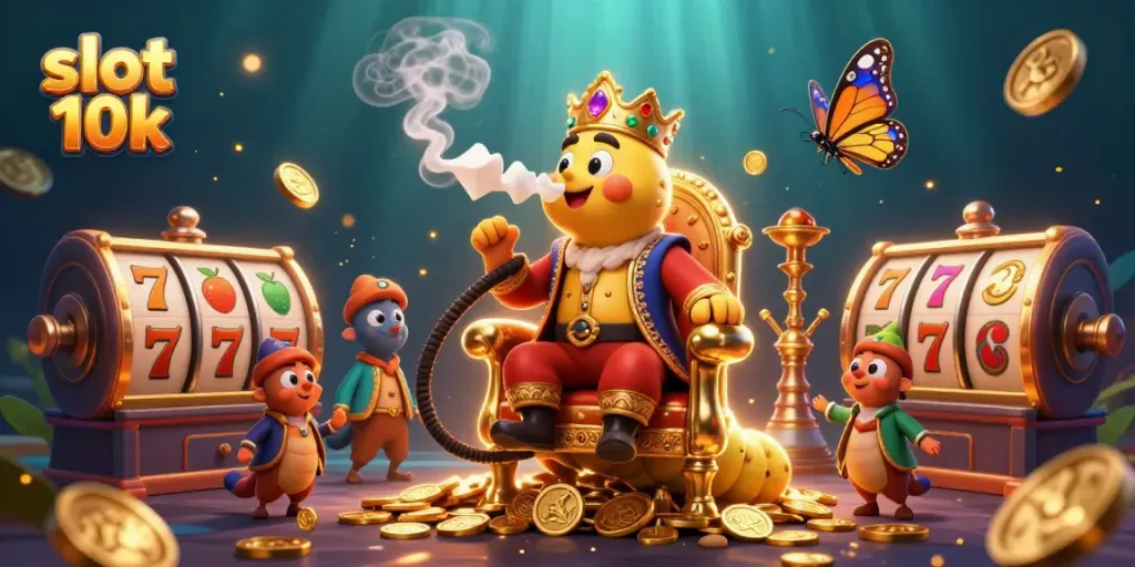 Experience the thrill of slot 10k with a vibrant 3D illustration showcasing dynamic slot reels and winning symbols.