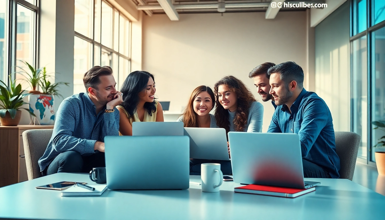 Team brainstorming at a social media agency, showcasing collaboration and creativity.