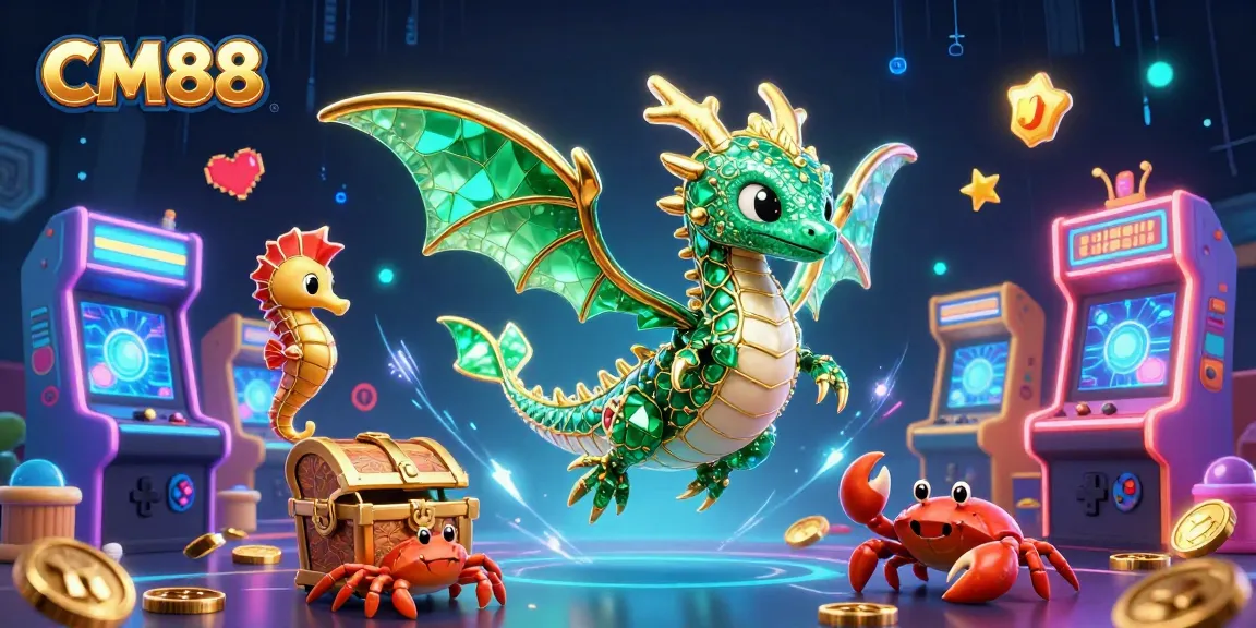 Experience thrilling gameplay at CM88's vibrant casino game world with fantastical creatures and interactive arcade elements.