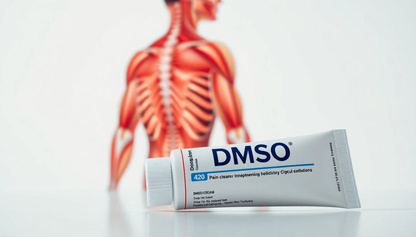 DMSO for pain relief cream alongside an anatomical illustration of muscles and joints.