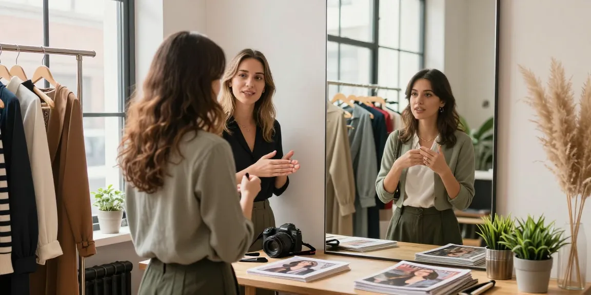 Consulente d'immagine assiste una cliente nella scelta di abbigliamento, creando un'atmosfera di stile e trasformazione.