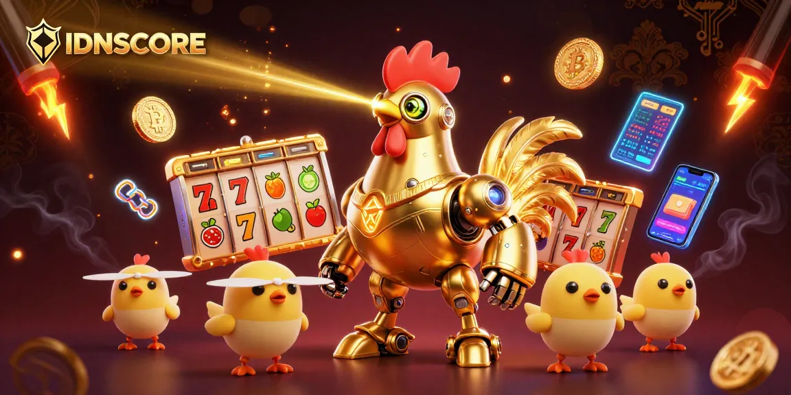 Engage in thrilling slots at IDNSCORE with 3D golden rooster robot and colorful gaming elements.