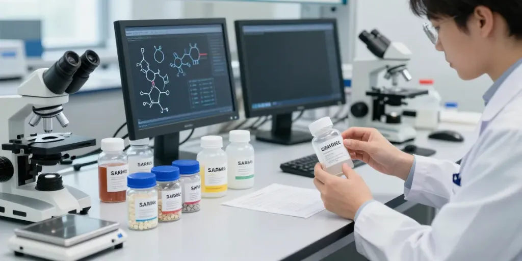 Swiss Chems products displayed in a modern lab with a scientist analyzing research chemicals.