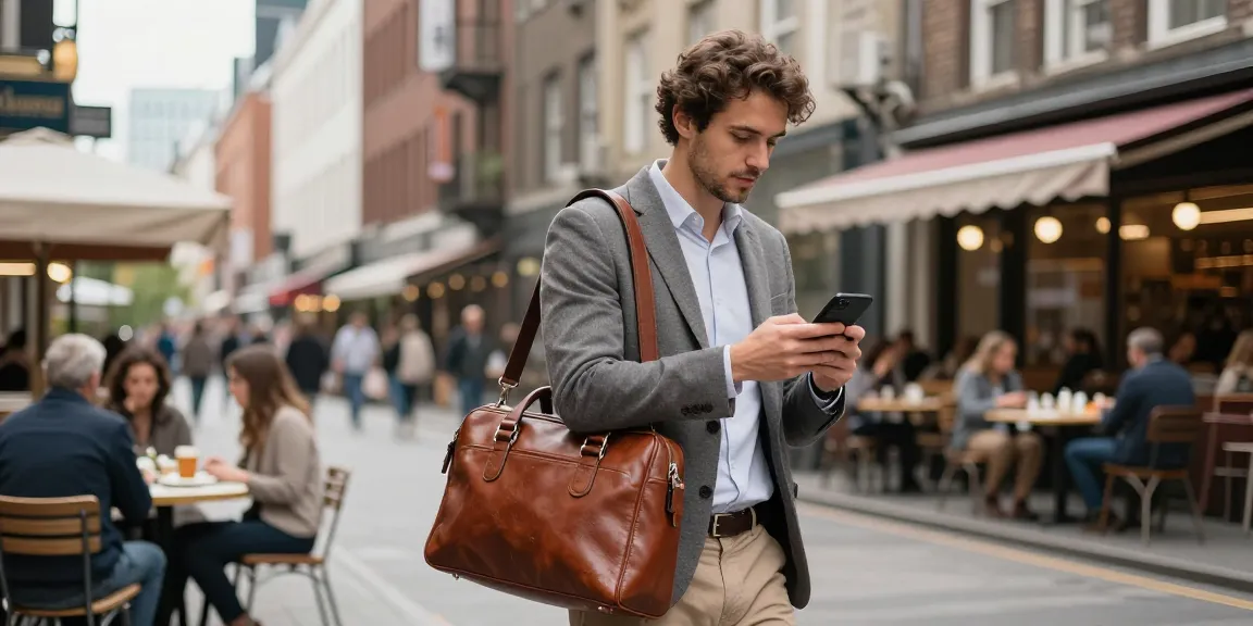 Professional navigating vibrant city streets while managing tasks, showcasing 456bd travel expertise.