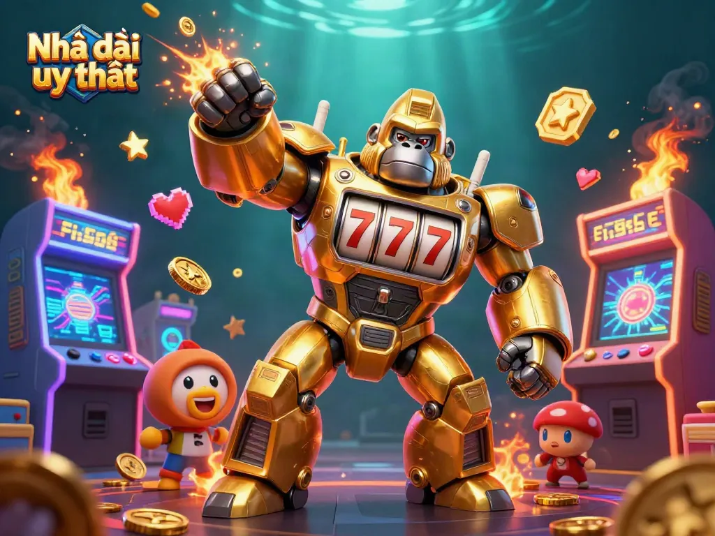 Engage with Nhà cái uy tín through a thrilling scene of gaming action and excitement, featuring an inspiring golden gorilla mech.