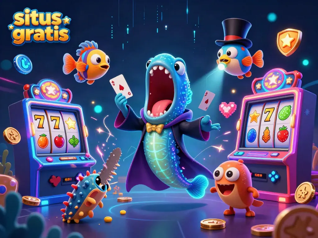 Experience the thrill of situs slot gratis with a magical underwater scene featuring vibrant slot machines and playful deep-sea characters.