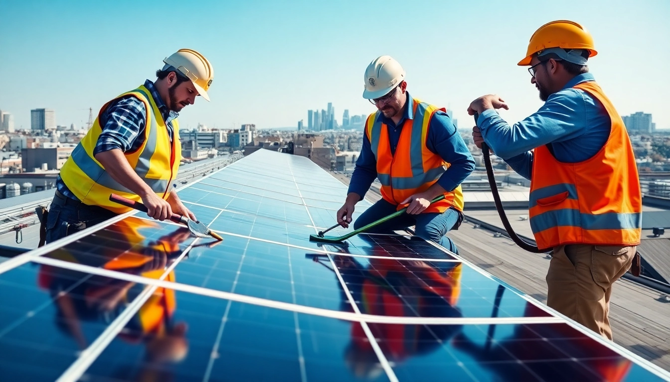 Technicians performing commercial solar maintenance New Jersey on rooftop solar panels with professional tools.