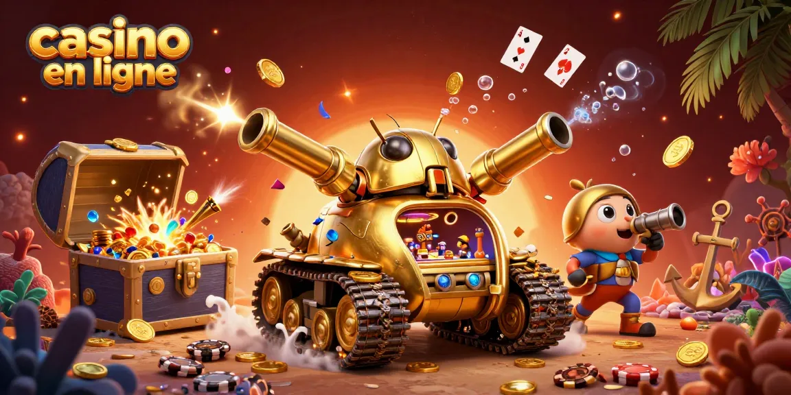 Casino en ligne avec un tank insecte doré, un mini casino, et des éléments de jeux sous-marins.