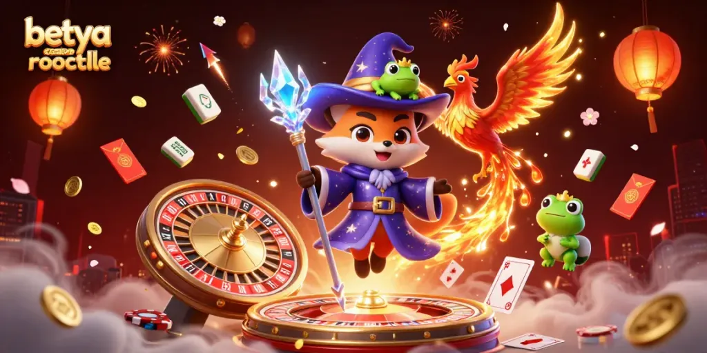 Experience the excitement of betya casino roulette with a captivating illustration of a wizard and phoenix amidst vibrant game elements.