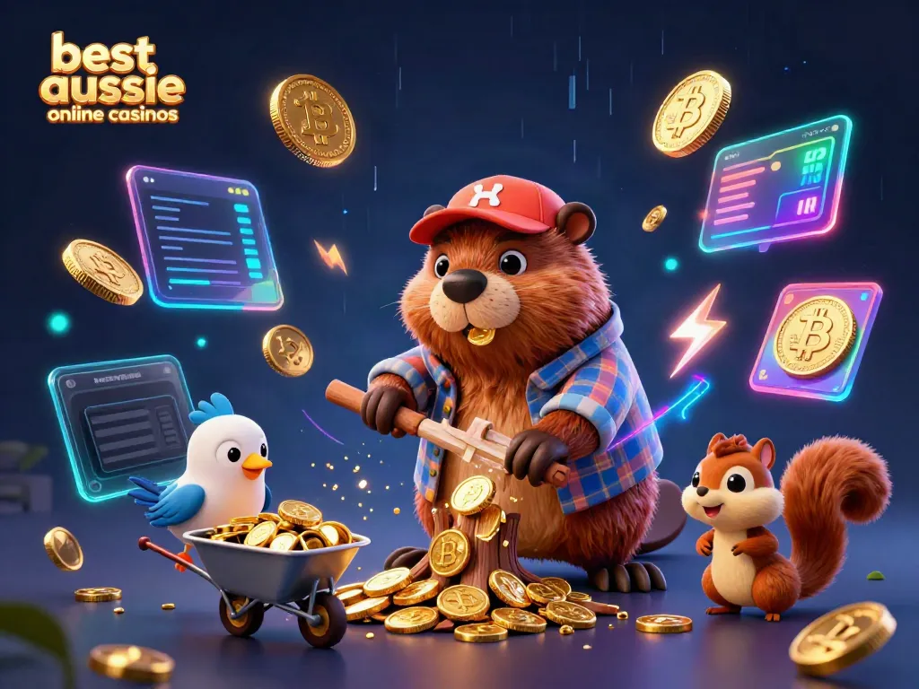 Explore the best aussie online casinos with this vibrant 3D illustration showcasing cartoon characters in a casino setting.