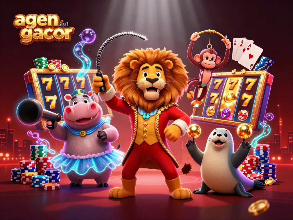 Experience the excitement of agen slot gacor with a vibrant 3D casino illustration featuring lively characters and rich game elements.