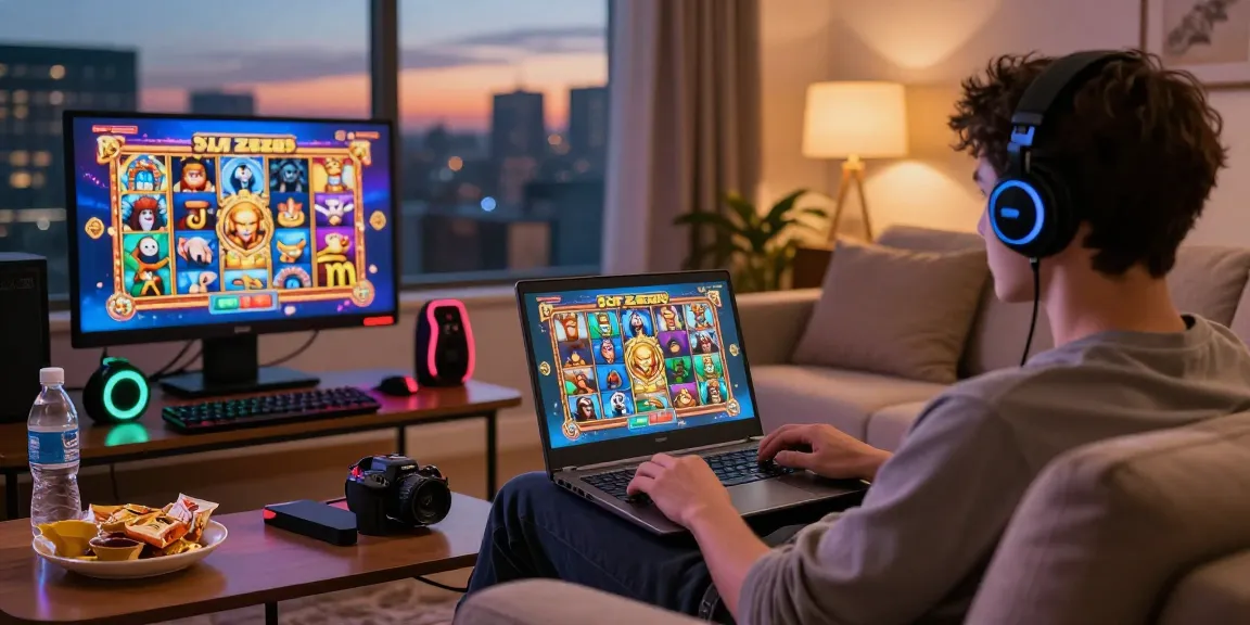Player enjoying an immersive Slot Zeus gaming experience at home, surrounded by colorful accessories and a cozy atmosphere.