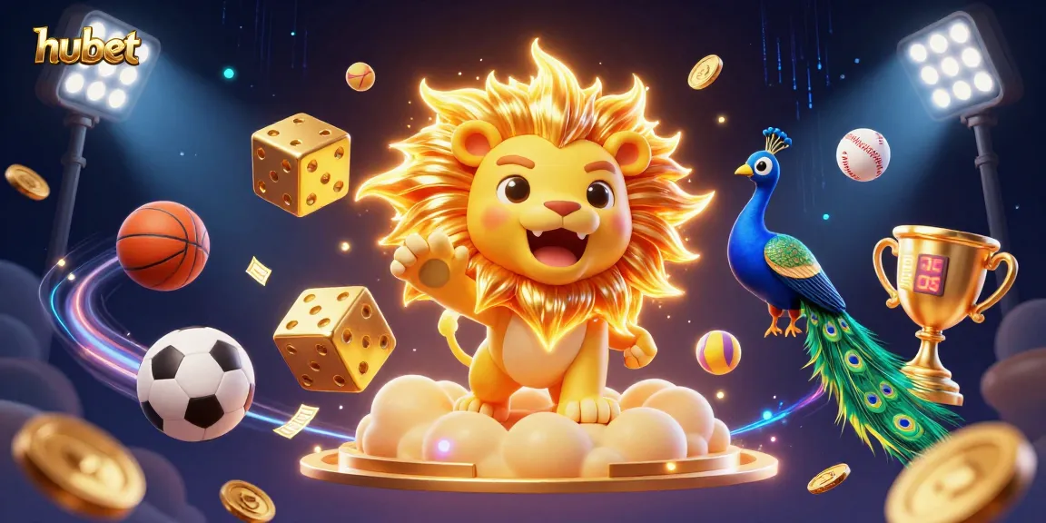 Bet on hubet with a thrilling 3D illustration of a roaring lion, dice, and sports elements!