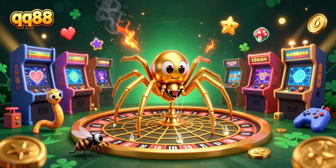 Betting with qq88: A golden spider spins a roulette wheel surrounded by vibrant gaming elements.