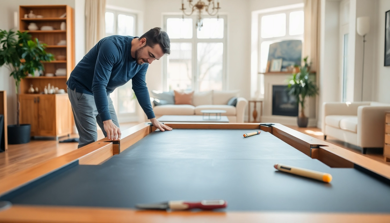 Pool table mover professionally disassembling a slate pool table in a bright living room.