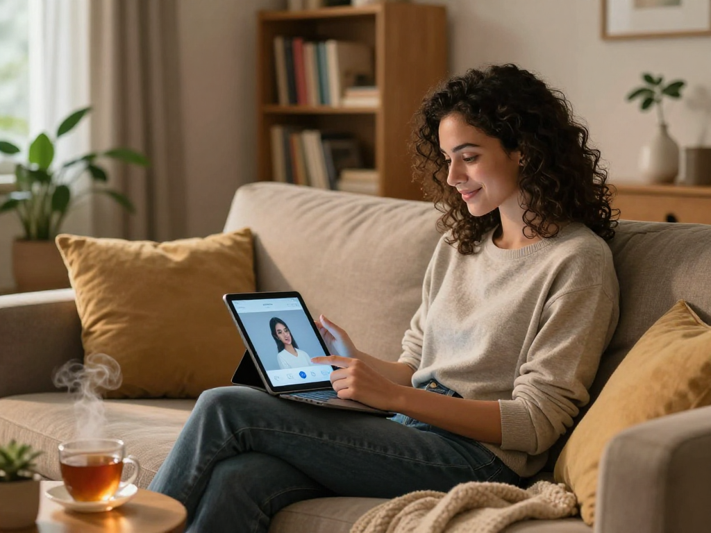 Engaging with an AI girlfriend application in a cozy living room