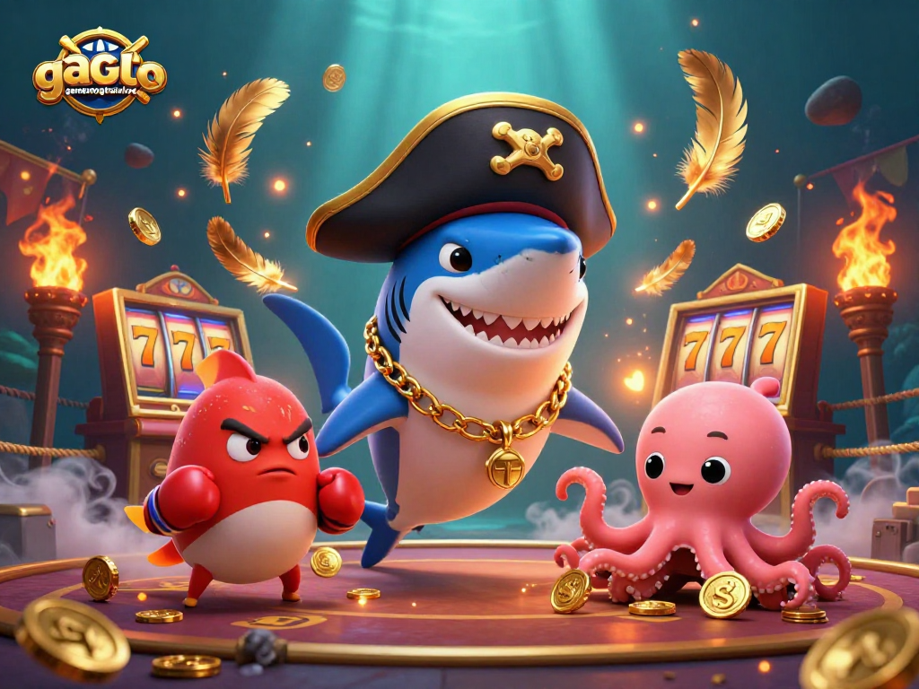 Spin the reels with gamenongtraivuive, featuring a pirate shark and his colorful companions amidst a sea of gold and excitement.
