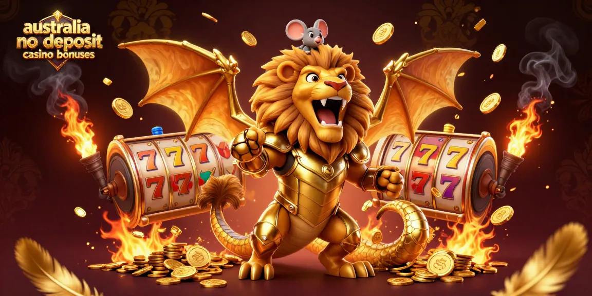 Australia no deposit casino bonuses with a roaring chimera, spinning slot reels, and dynamic jackpot elements.
