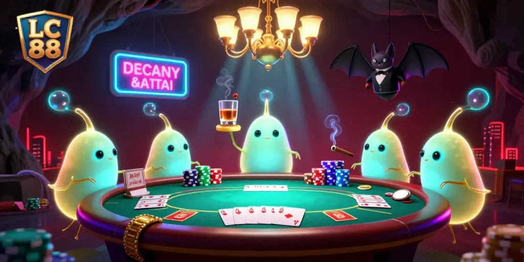 Experience the vibrant energy of LC 88 as glowworms illuminate a dynamic casino scene filled with poker elements.