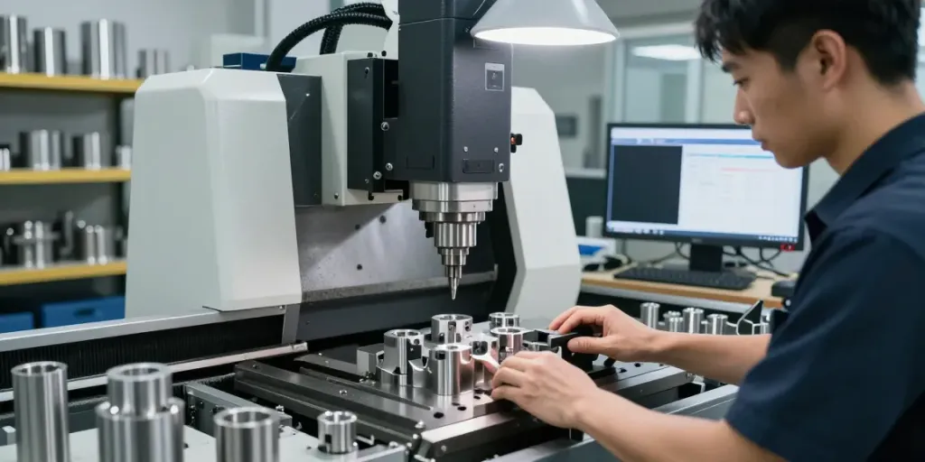 Expert technician machining stainless steel parts with precision tools in a CNC workshop.