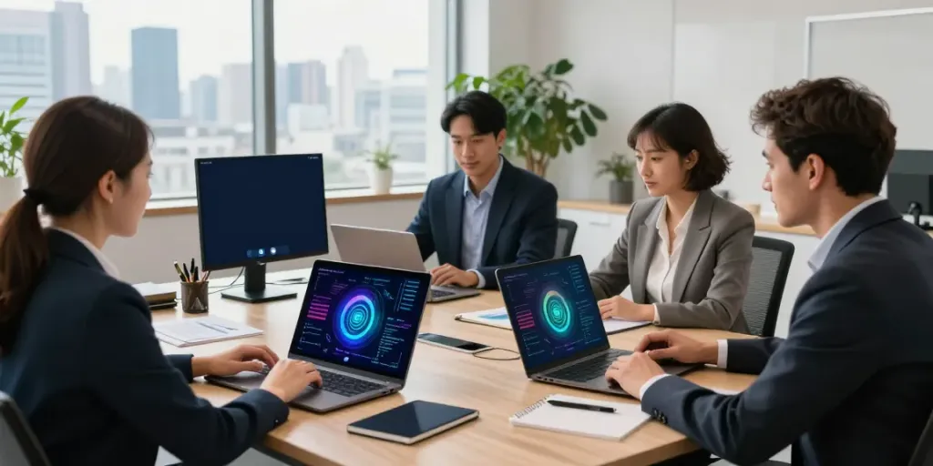 Deepfake protected Online Video Calls, Meetings and Conferencing in a modern office with a team engaged in a secure virtual meeting.