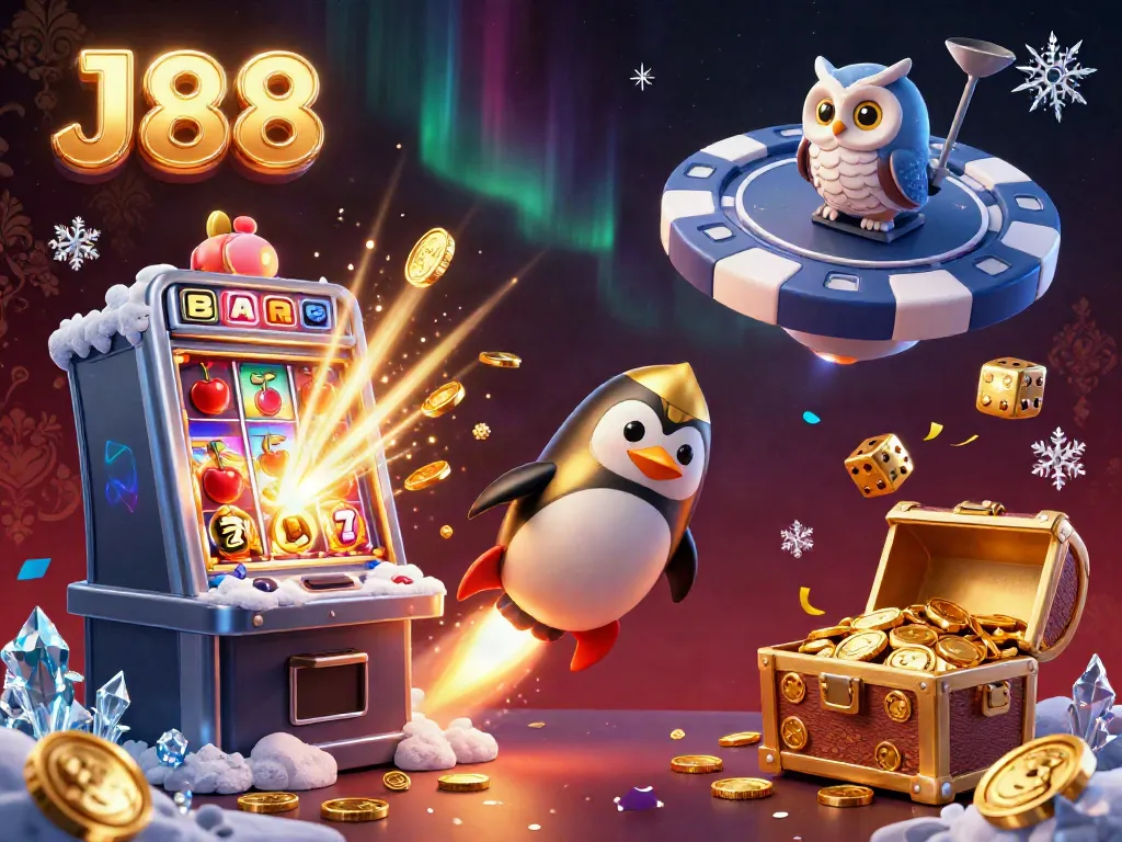 Join the exciting journey with J88 as a golden penguin takes flight towards thrilling jackpot wins in this 3D casino scene.