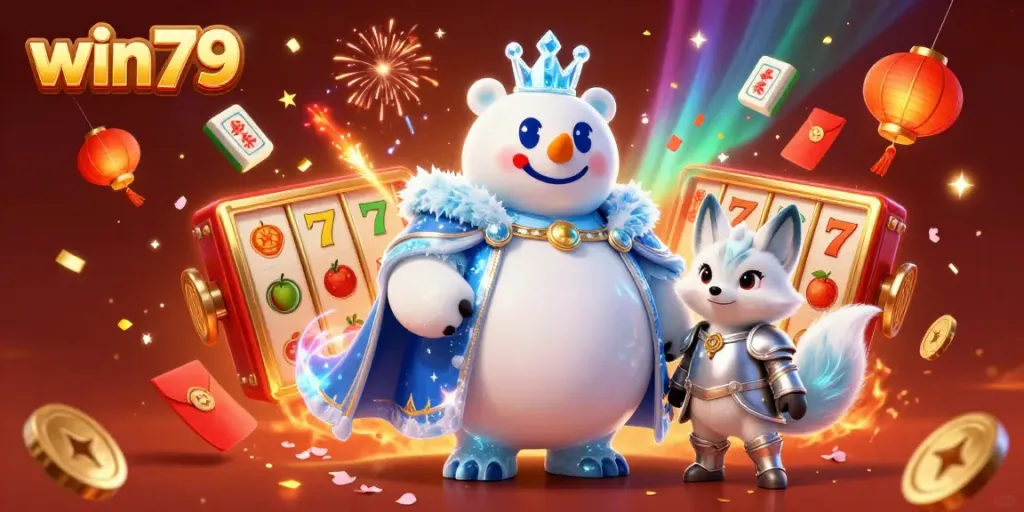 Experience the vibrant win79 casino atmosphere with a majestic polar bear and fox amidst festive elements.